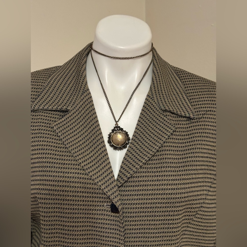 JULIANA COLLEZIONE Vintage Navy Blue & Beige Houndstooth Blazer Skirt Set Sz 10 - Picture 2 of 16
